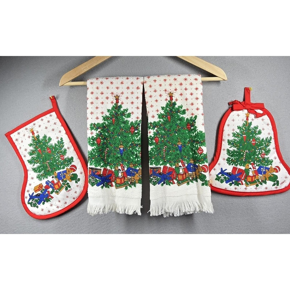 Vintage Cannon‎ Christmas Tree Hand Towels Potholders Set Holiday Kitchen Decor